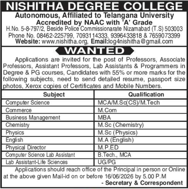 Nishitha Degree College: Faculty Recruitment