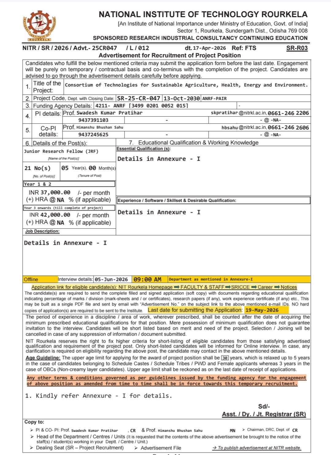 NIT Rourkela is Hiring Junior Research Fellows