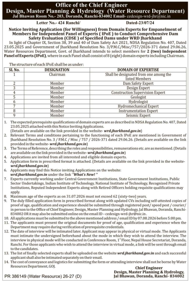 Notice Inviting Application for Expert Panel Empanelment by Water Resource Department Jharkhand