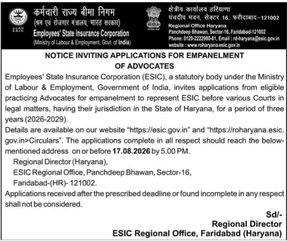 Notice Inviting Applications for Panel Advocate Empanelment by ESIC