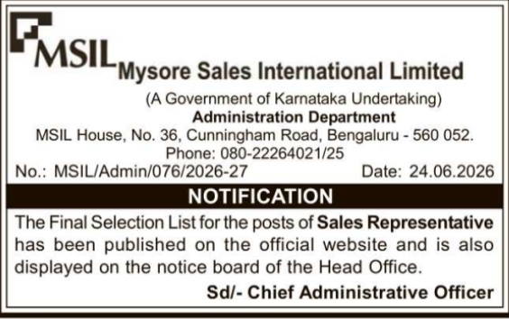 Notification: Sales Representative Final Selection List by Mysore Sales International Limited