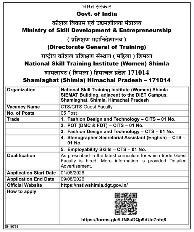 NSTI Shimla Recruitment Notice for Guest Faculty Positions