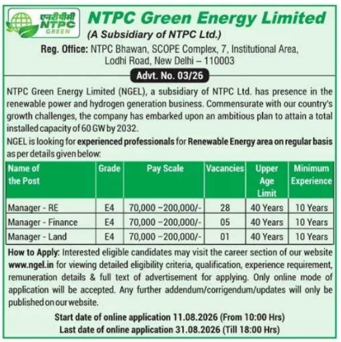 NTPC Green Energy Limited Renewable Energy Managers Recruitment