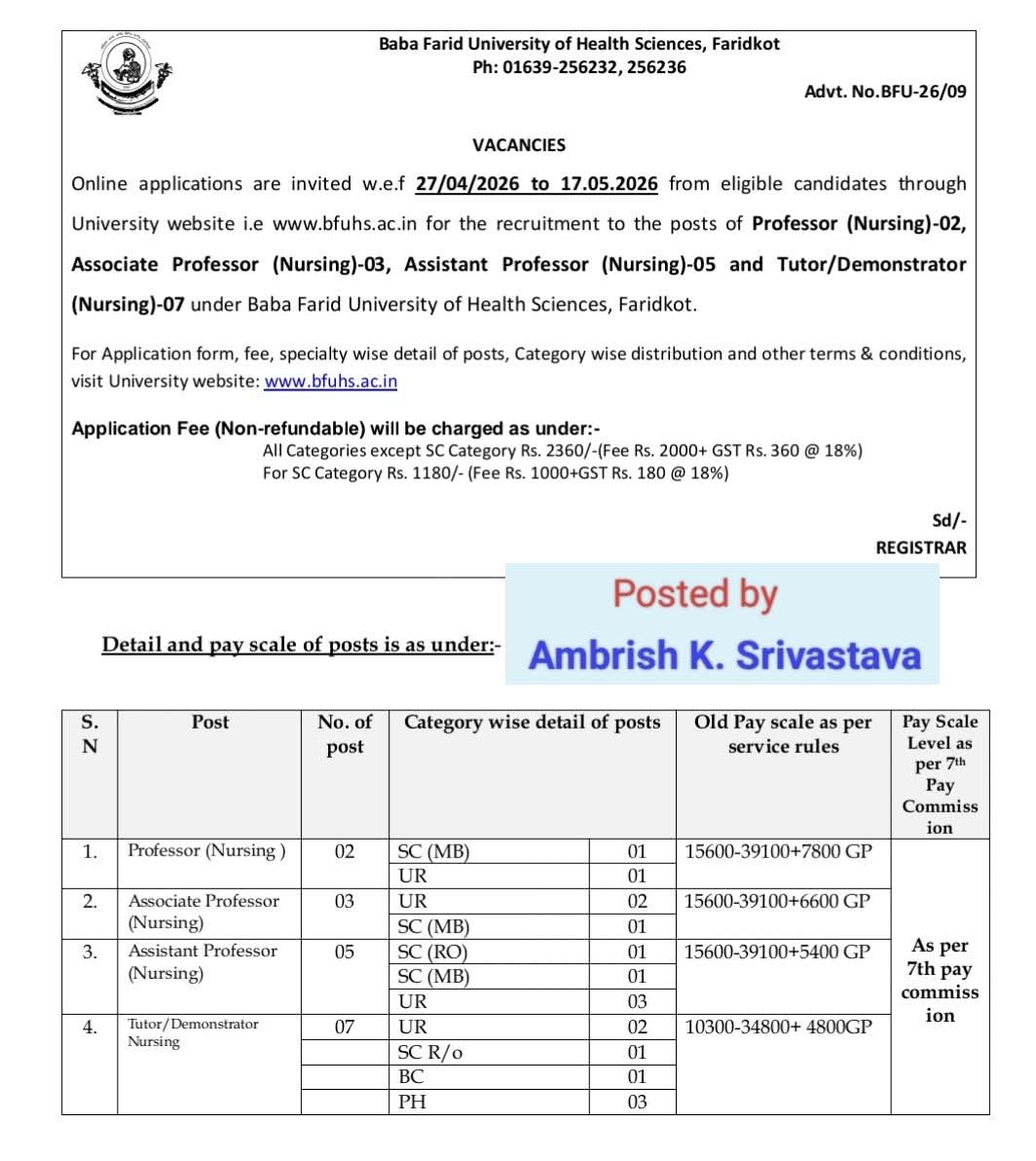 Nursing Faculty Recruitment at BFUHS Faridkot