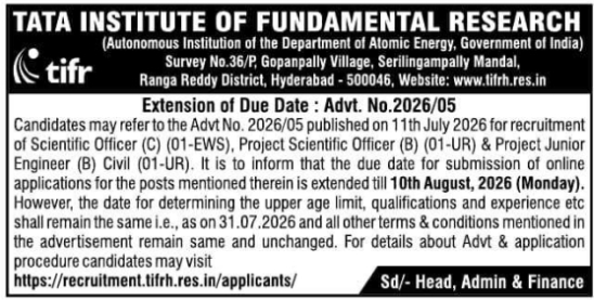 Online Application Due Date Extension Notice at TIFR Hyderabad