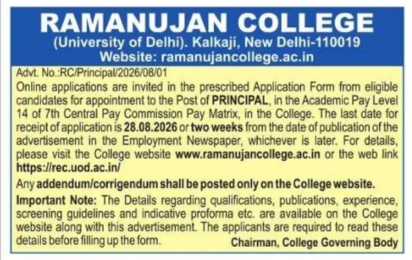 Online Applications for Appointment to the Post of Principal