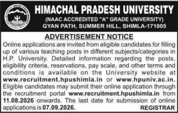 Online Recruitment Advertisement Notice by Himachal Pradesh University