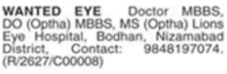 Ophthalmologist Recruitment – Lions Eye Hospital, Bodhan