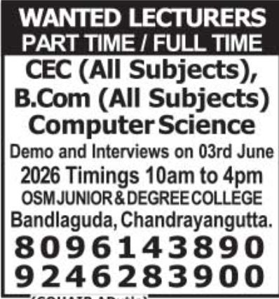 Part-Time & Full-Time Lecturer Job Vacancies in Chandrayangutta