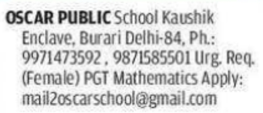 PGT Mathematics Opening: Oscar Public School Delhi