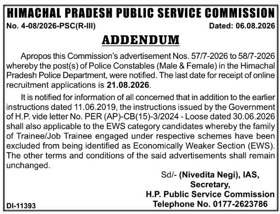 Police Constable Recruitment Policy Addendum by HPPSC Shimla