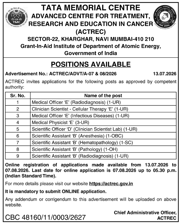 Positions Available: ACTREC Cancer Center Recruitment
