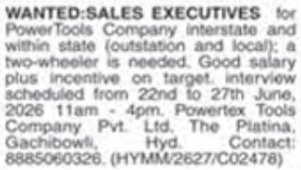 Powertex Tools Sales Executives Recruitment