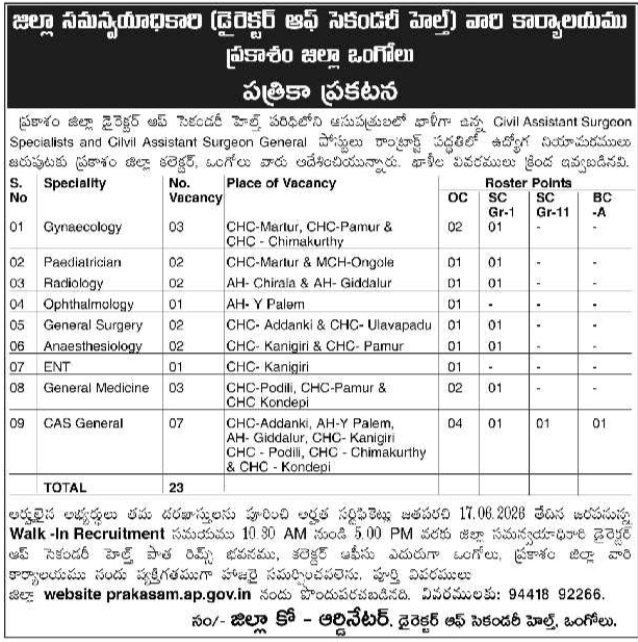 Prakasam District Secondary Health CAS Walk-In Recruitment