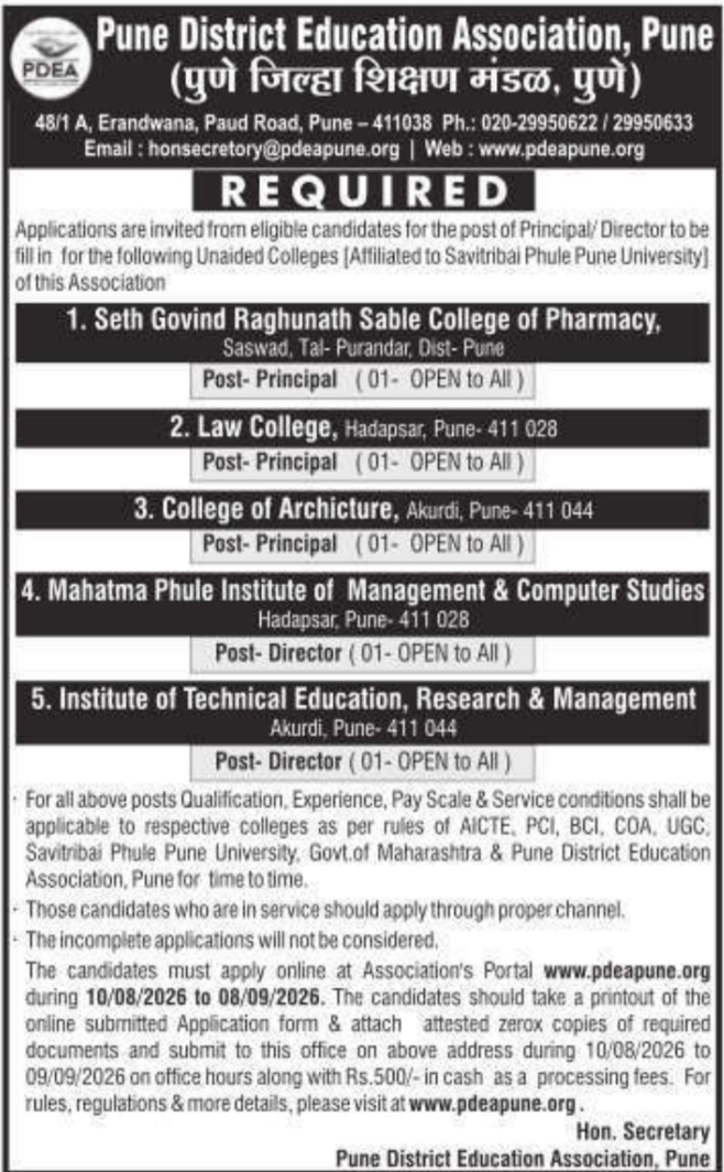Principal and Director Vacancies by PDEA Pune