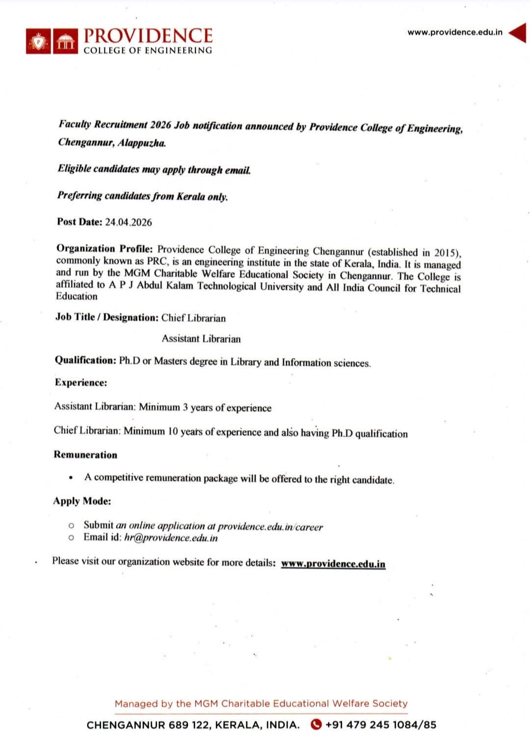 Providence College of Engineering Recruitment for Librarian Positions