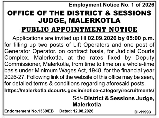 Public Appointment Notice for Technical Operators by District & Sessions Judge Malerkotla