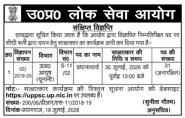 Public Notice: Principal Interview Schedule at Uttar Pradesh Public Service Commission