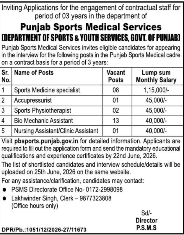 Punjab Sports Medical Services Contractual Recruitment Open