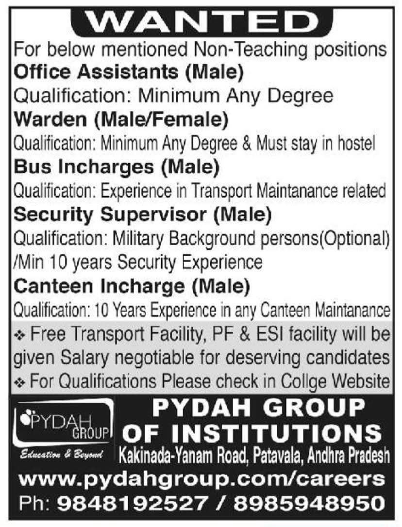 Pydah Group Non-Teaching Job Vacancies