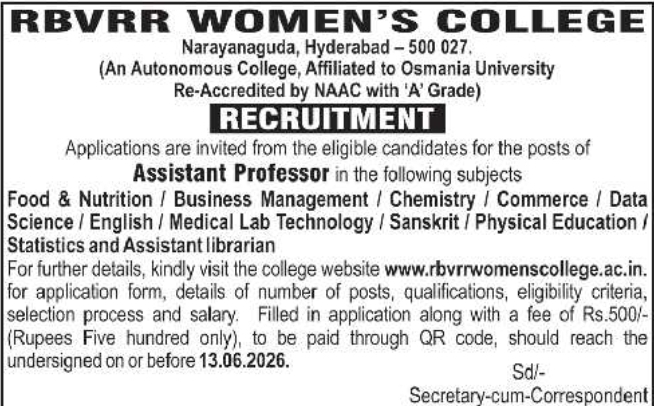 RBVRR Women's College: Assistant Professor Recruitment