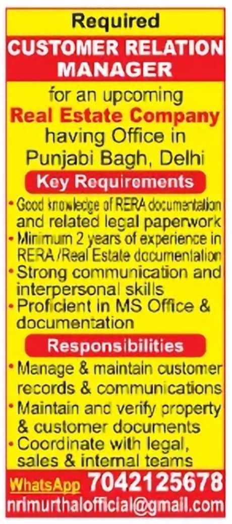 Real Estate Recruitment: Customer Relation Manager Vacancy in Delhi