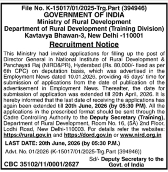 Recruitment: Director General at NIRD&PR, Hyderabad