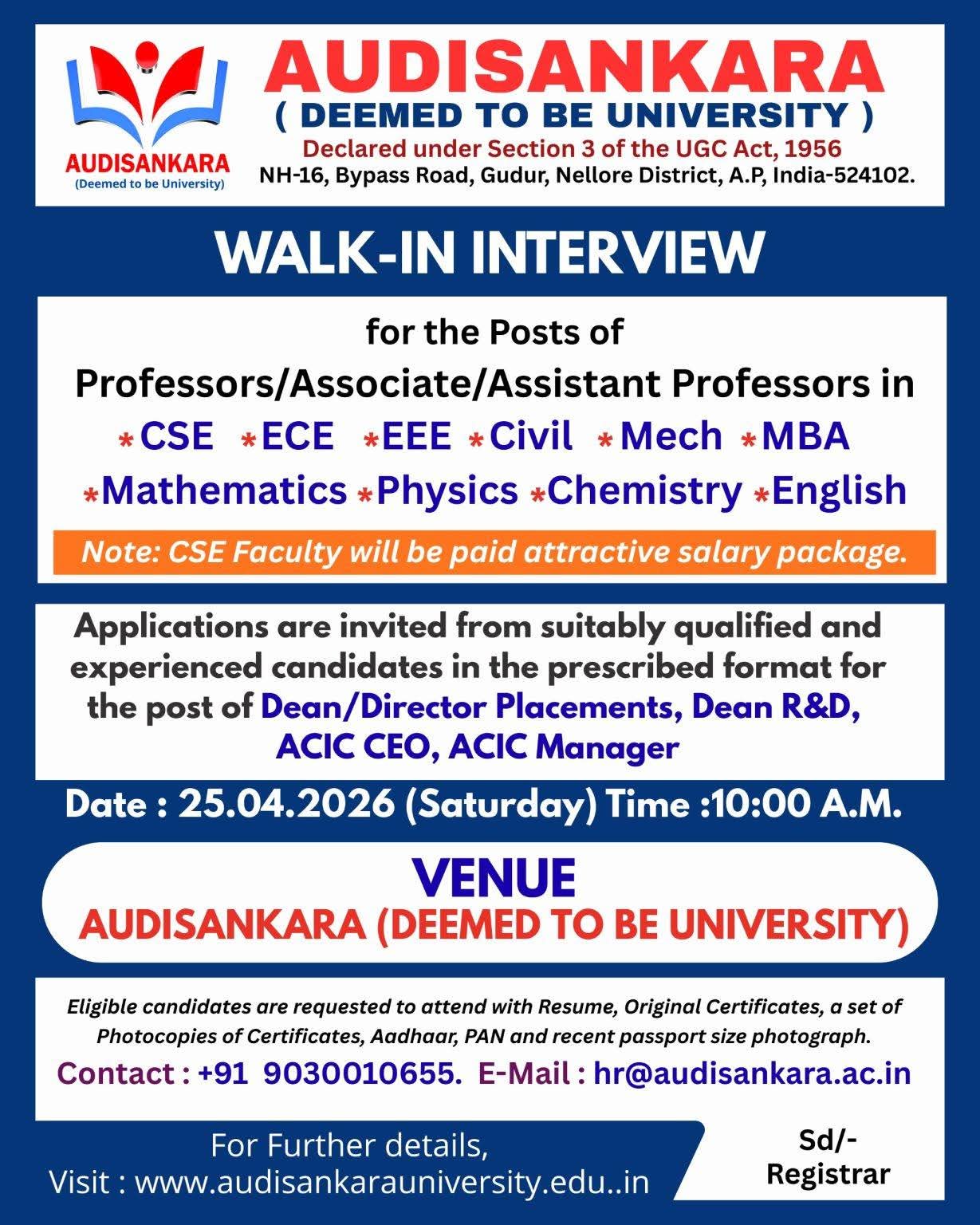 Recruitment Drive: Professors and Administrators At Audisankara