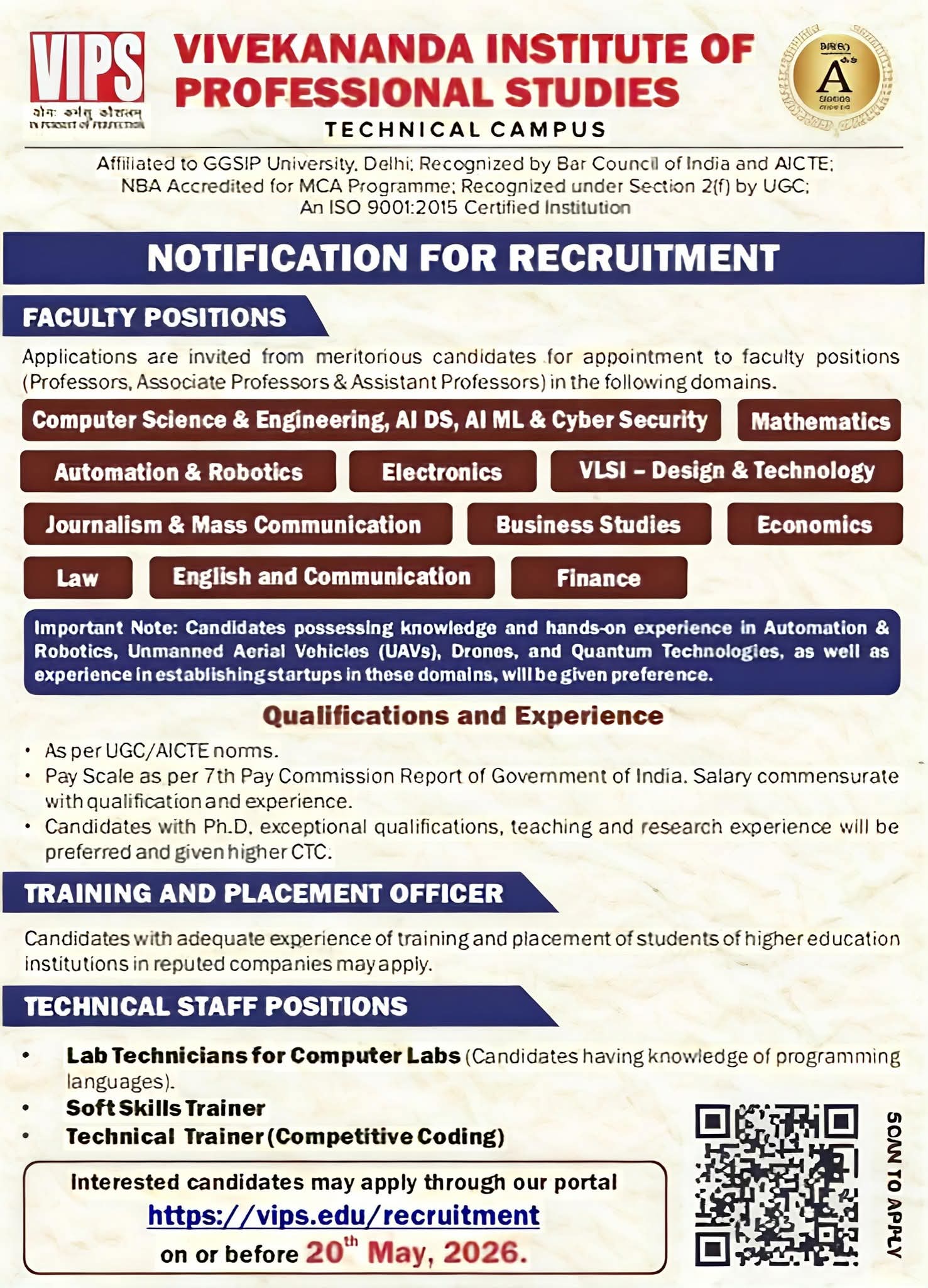 Recruitment: Faculty & Staff at Vivekananda Institute of Professional Studies