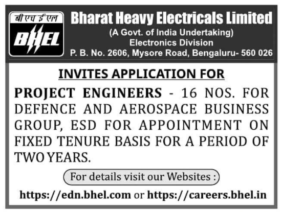 Recruitment for BHEL Electronics Division Project Engineers