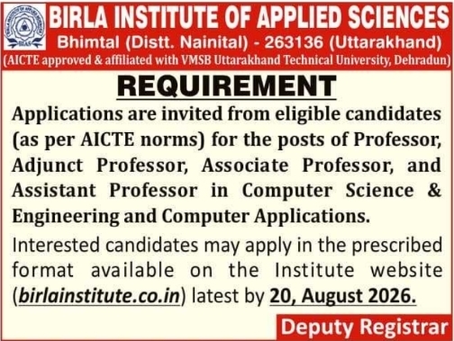 Recruitment for Birla Institute of Applied Sciences Faculty Positions