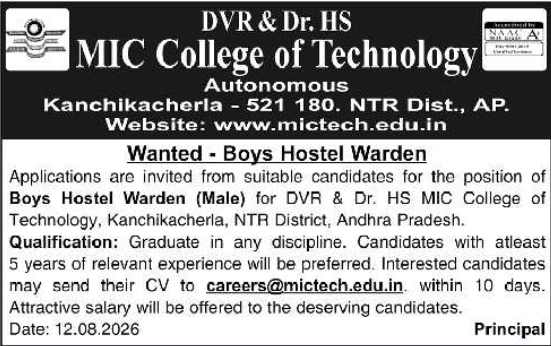 Recruitment for Boys Hostel Warden by MIC College of Technology