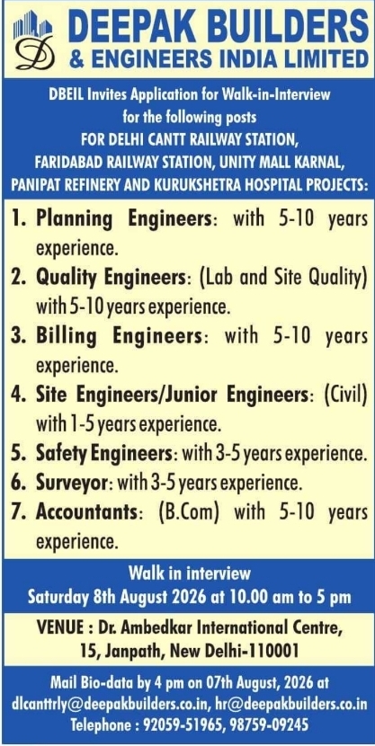 Recruitment for Deepak Builders & Engineers India Limited Walk-in-Interview