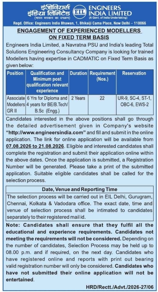 Recruitment for Engineers India Limited Experienced Modellers