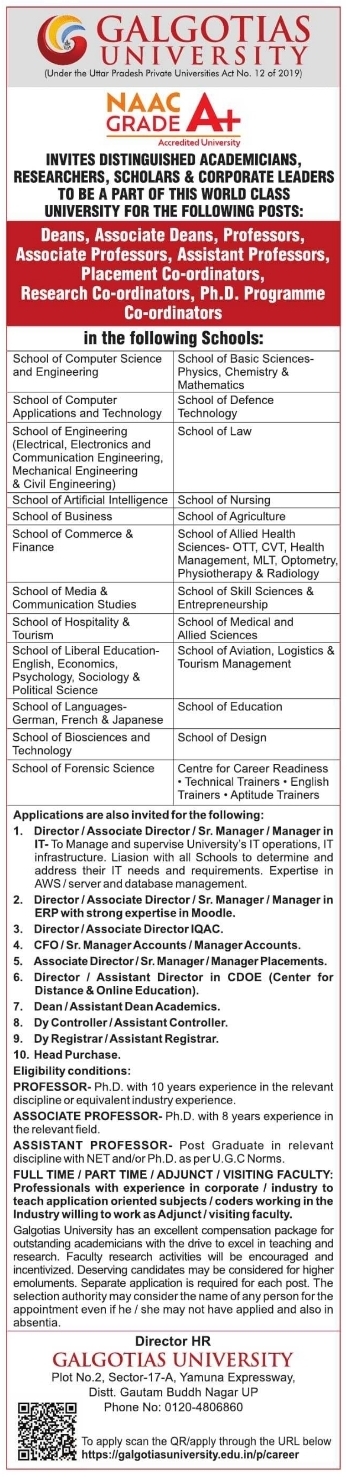 Recruitment for Galgotias University Multiple Academic and Leadership Cadres