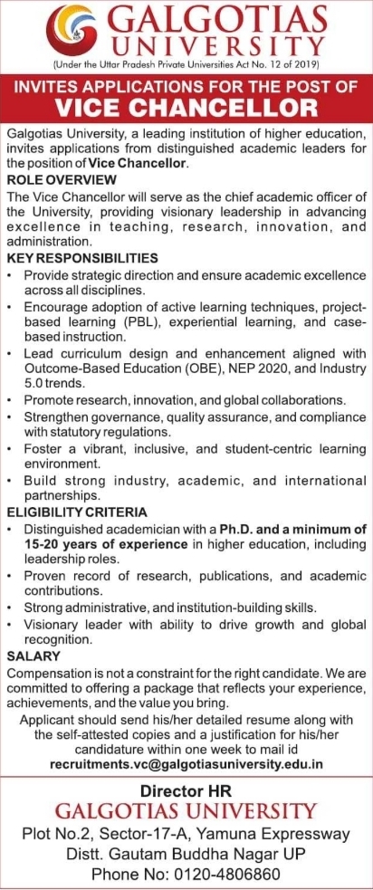 Recruitment for Galgotias University Vice Chancellor Leadership Position