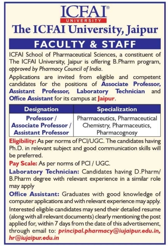 Recruitment for ICFAI University Jaipur Faculty and Staff