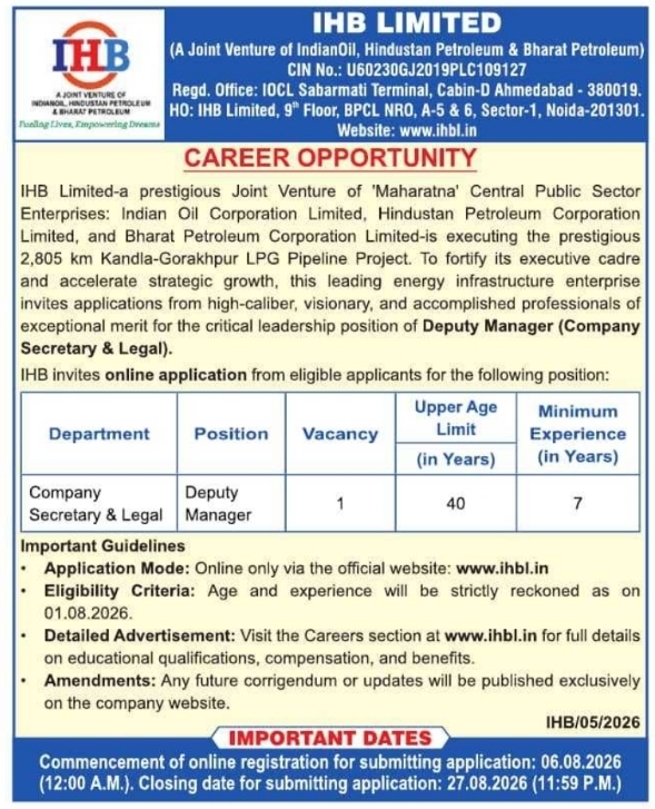 Recruitment for IHB Limited Deputy Manager