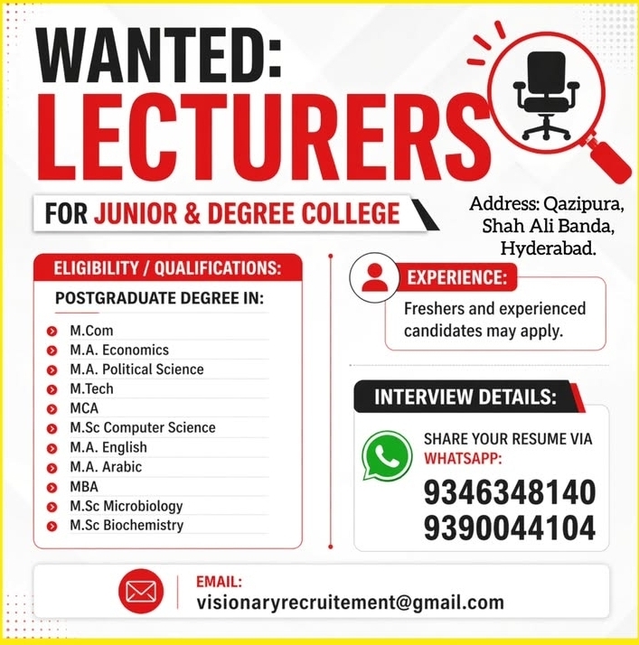 Recruitment for Lecturers at Junior & Degree College, Hyderabad