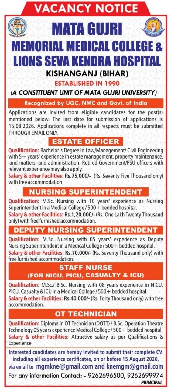 Recruitment for Mata Gujri Memorial Medical College Administrative and Nursing Staff