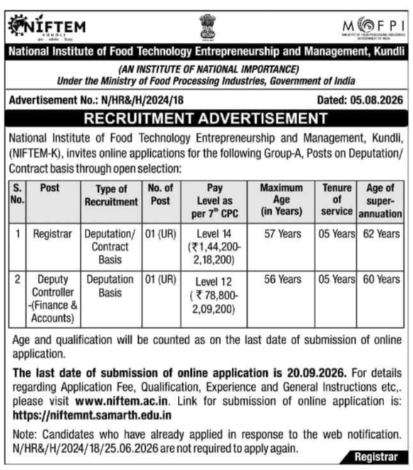Recruitment for NIFTEM Kundli Group-A Deputation Positions