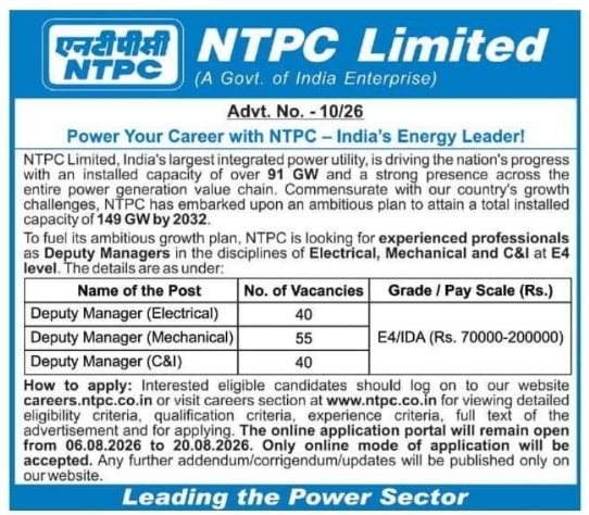 Recruitment for NTPC Limited Deputy Managers
