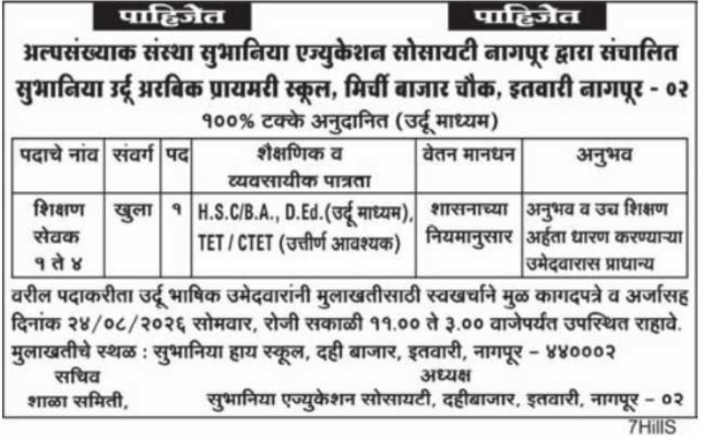 Recruitment for Primary Urdu Shikshan Sevak