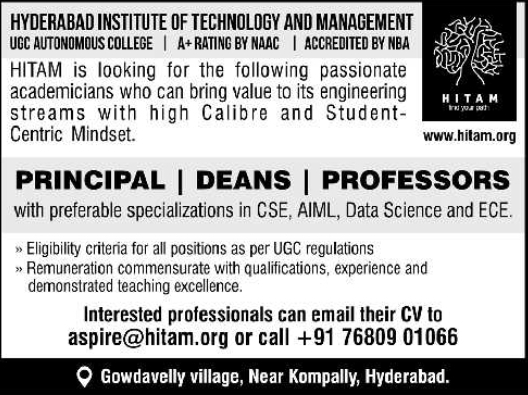 Recruitment  for Principal, Deans, and Professors at HITAM Hyderabad