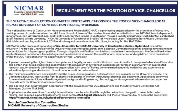 Recruitment for the Position of Vice-Chancellor by NICMAR University Hyderabad