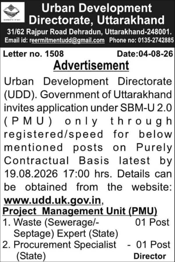 Recruitment for Urban Development Directorate Contractual Project Experts