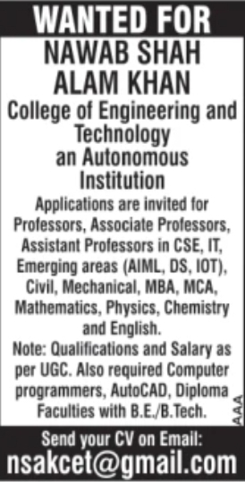 RECRUITMENT: Nawab Shah Alam Khan College of Engineering and Technology (NSAKCET)