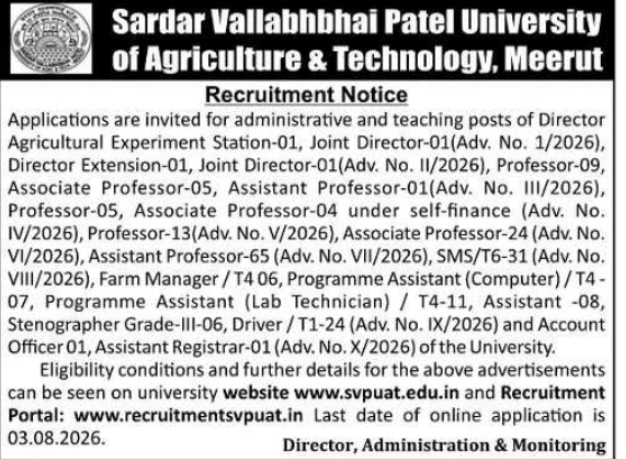 Recruitment Notice: Academic and Admin Posts by SVPUAT