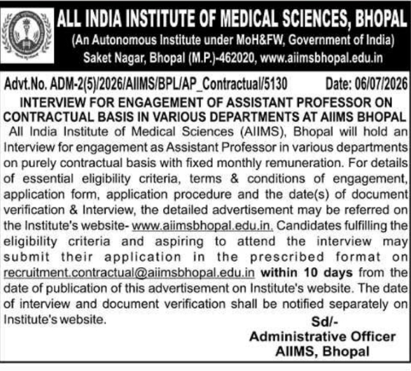 Recruitment Notice: Contractual Assistant Professors at AIIMS Bhopal