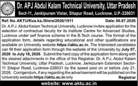 Recruitment Notice: Contractual Faculty at Dr. APJ Abdul Kalam Technical University